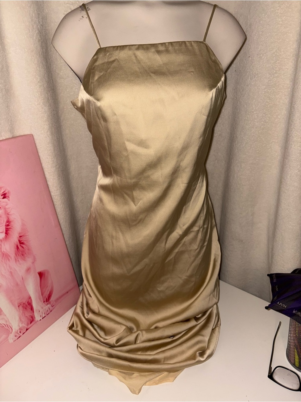 Sage Silk-Feel Slip Mini Dress in Gold